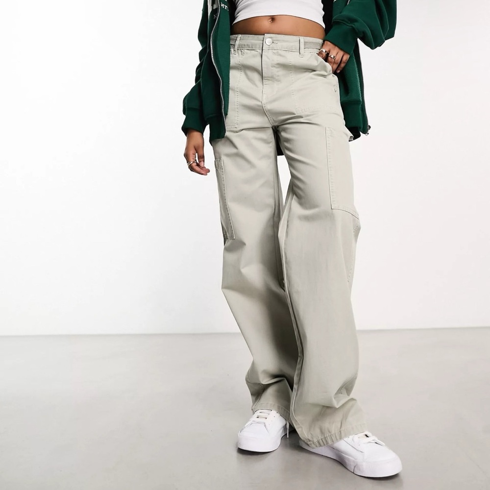 Pull&Bear wide leg carpenter cargo pants with adjustable waist in greige